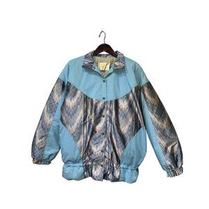 Vintage Western Style Jacket Blue & Multicolor Chevron Pattern Quilted Lining Sn